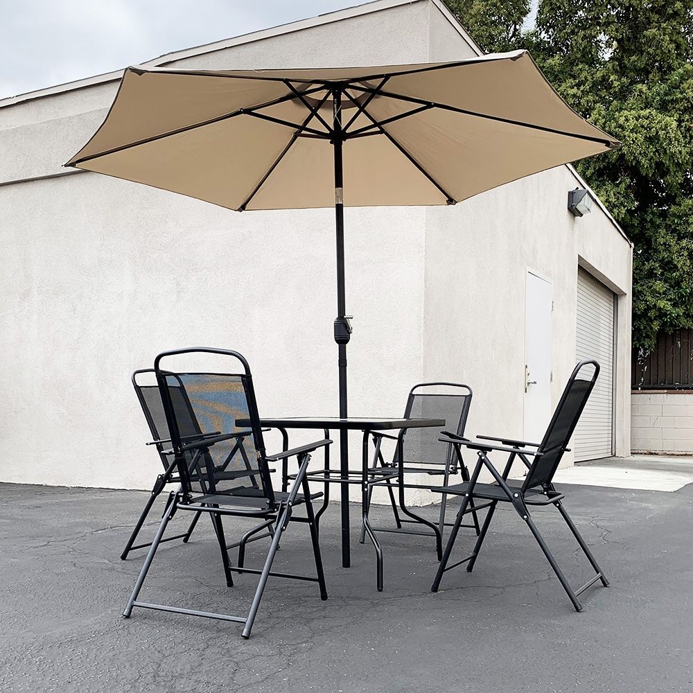 $140 (New) Outdoor 6pcs patio set with 32x32” table 4pc folding chairs and 10ft tilt umbrella