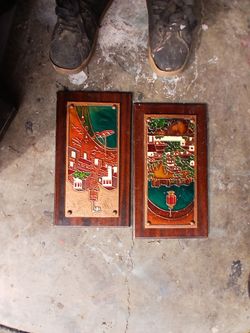 Vintage AETHRA handmade Greek copper and enamel wall plaques mounted on wood frames.