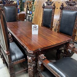 Solid Mahogany Wood Carved Lion and Eagle Dining Table Set 