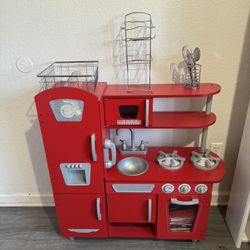 KidKraft Red Vintage Wooden Play Kitchen with Stainless Steel-Look Trim, Play Phone