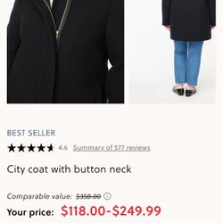 J.Crew City Black coat with button neck
