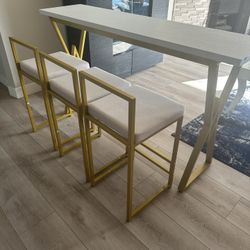 White/Gold Counter Height Stools/Chairs + Table - 4 Piece Set (Kitchen/Console Bar/Dining)Pre