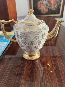 Vintage Porcelain Teapot with Gold Floral Detail