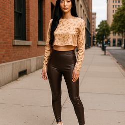 Zara Women's Copper & Brown Floral Long Sleeve Satin Crop Top, Size XS