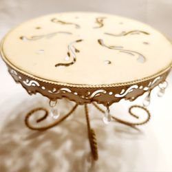 Vintage Beige Metal Cake Stand w/ Crystal Accents & Scroll "Rope" Stand