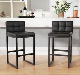 Bar Stools Set of 2, Modern Counter Height Bar Stools, Black 24" Faux Leather Bar Chairs with Back, Footrest, Sturdy Thickened Metal Leg, Upholstered 