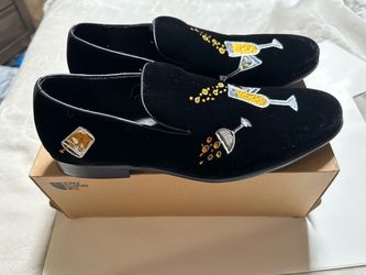 Black Velvet Slip-On Loafers with Cocktail Embroidery