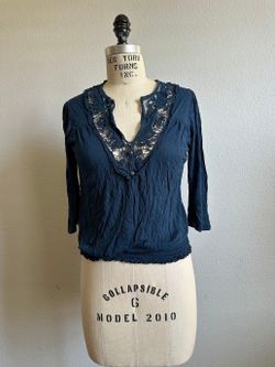 Forever 21 Navy Lace Trim 3 4 Sleeve Blouse Womens Size S