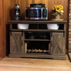 Farmhouse TV Stand Coffee Bar Liquor Storage Cabinet with Sliding Barn Doors