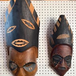 Pair of African Carved & Painted Wood Masks – Large Wall Display – 21”-29” in H