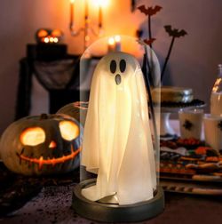 Light Up Ghost in Glass Cloche-Halloween Decorations