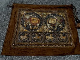 Thai Elephants Printed Tapestry Embroidered Beach Wall Hanging Decor Brown