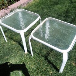 Pair Of White Outdoor Tables W Glass Tops 16" X 16" X 16.5" Tall