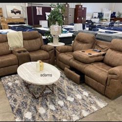 Huddle Up Light Brown Reclining Sofa And Loveseat With Console🤩 Brand New✅ Living Room Set💯