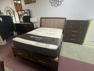 Dark Wood Storage Bed Frame with Upholstered Headboard