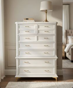 Vintage Bassett Warm White Wood High Boy Chest of Drawers - Dresser