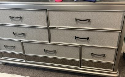 3 piece silver dresser chest of drawers and nightstand
