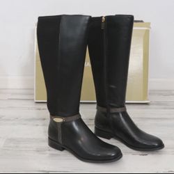 Michael Kors Black Leather Knee-High Riding Boots Size 7 Stretch Back | NIB