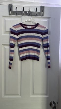 White Fawn Ribbed Stripe Knit Long Sleeve Top – Purple & Mauve Fitted Y2K Tee
