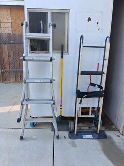 Ladder, shovel, and dolley