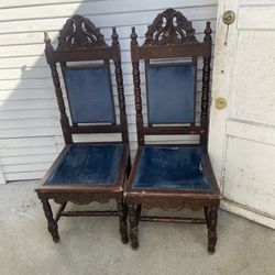 Beautiful Vintage Renaissance Dark Wood/Blue Velvet  Chairs
