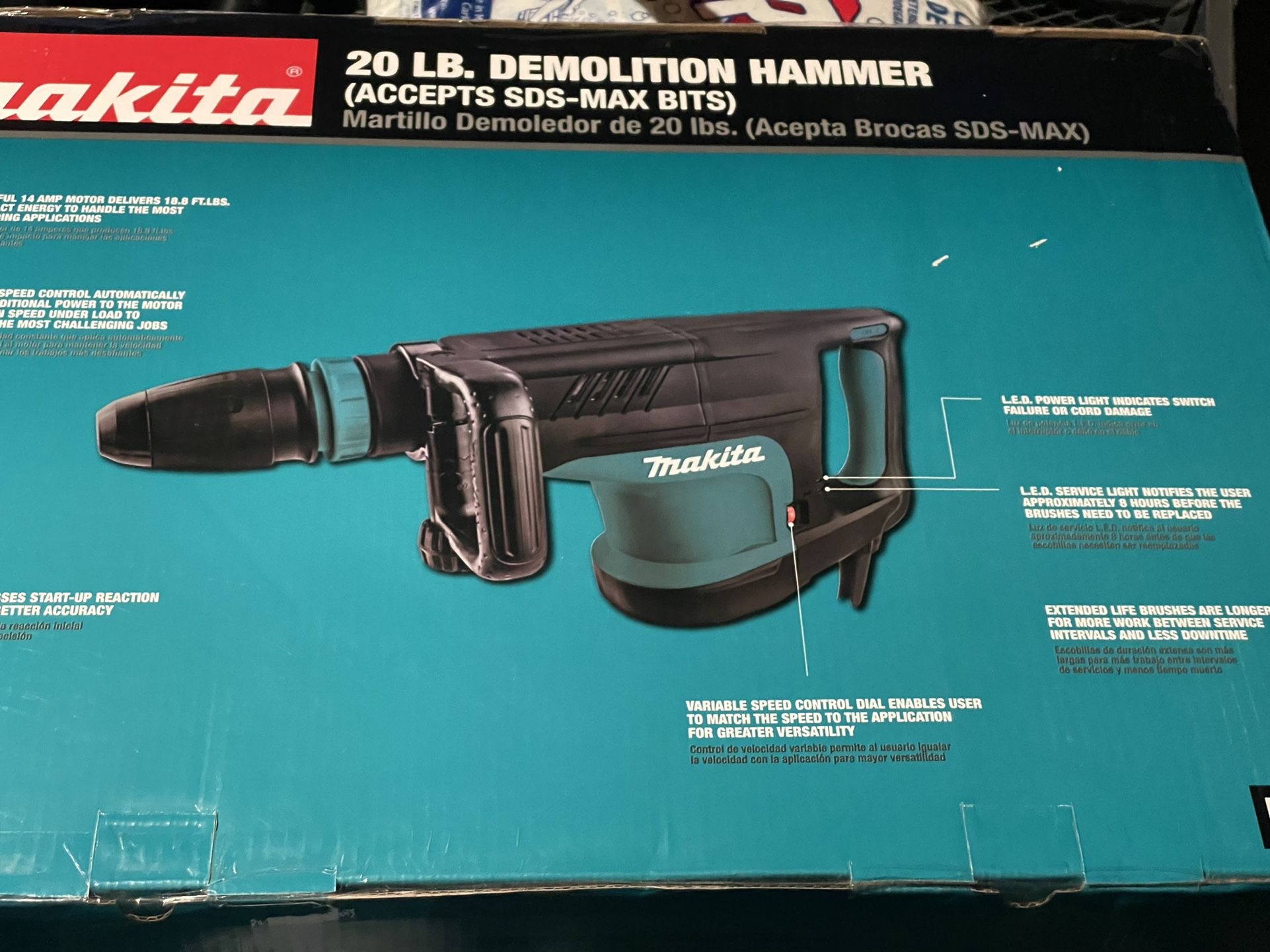 Makita 14 Amp SDS-MAX Corded Variable Speed 20 lb. Demolition Hammer w/ Soft Start, Side Handle, Bull Point and Hard Case