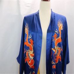 Vintage Blue Silk Robe With Dragon Embroidery