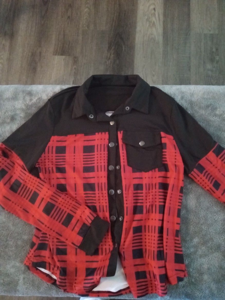 Women's Red and Black Plaid Button Down Shirt
