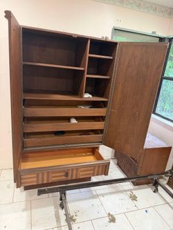 Vintage 5-Piece Brutalist / Parquet Bedroom Set (Headboard, Dresser, Mirror, Armoire, 2 Nightstands)