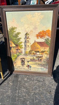 Eduardo Sarmiento famous Philippine Artist signed dated 1974 street scene large canvas oil painting