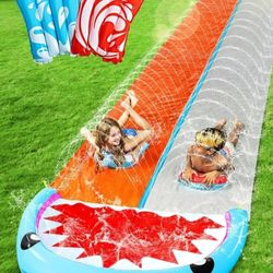 SLOOSH Water Slides with 2 Inflatable Boards,22.5ft Double Lane Lawn Water Splash Slip and Slide, Shark
