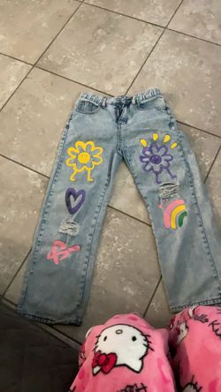 Custom Painted Distressed Light Wash Jeans