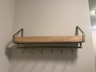 Wood & Brass Wall-Mounted Coat Rack / Entryway Shelf