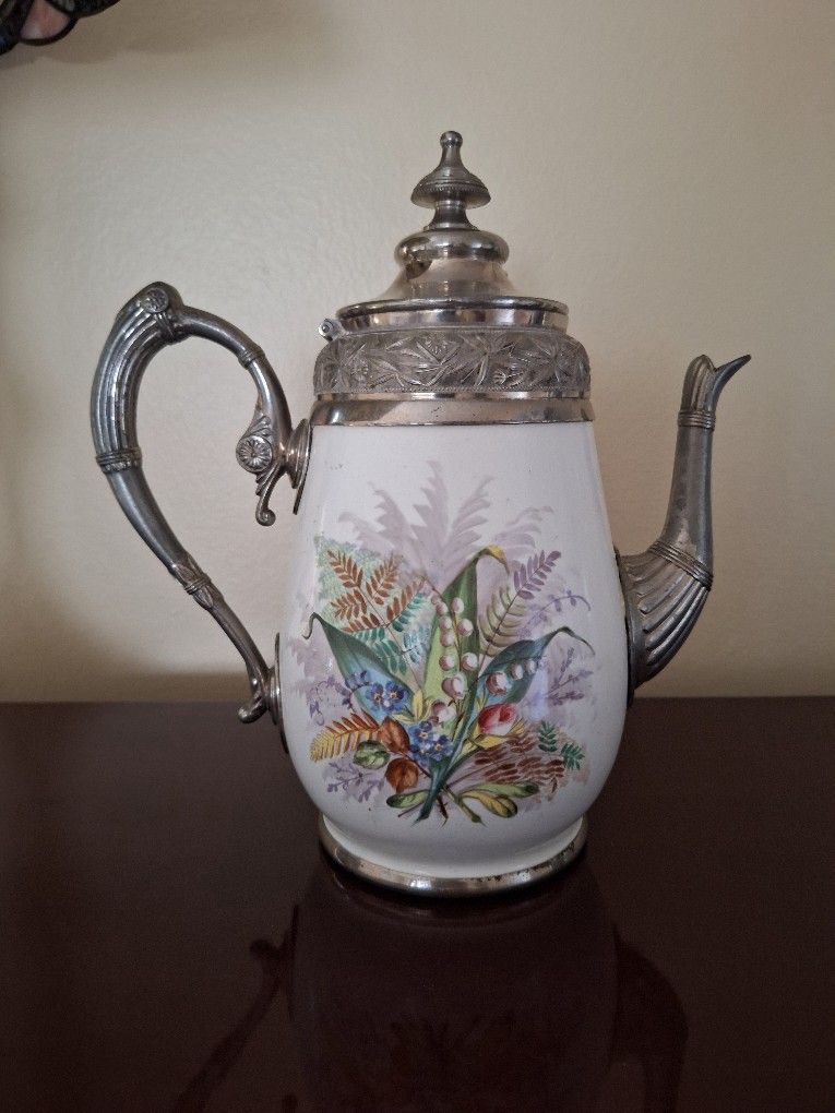 Antique Pewter Enamel Coffee Pot