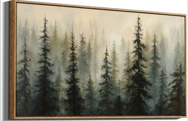 Large Framed 20x40in Vintage Earthy Moody Nature Pine Forest Art Work - Green/Beige