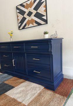 Navy Blue 7-Drawer Dresser with Center Cabinet and Silver Hardware