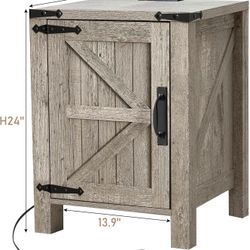 Nightstand with Charging Station, 18 Inch Farmhouse End Table with Barn Door and Adjustable Storage Shelf, Rustic Wood Sofa Side Table w/Magnetic Door