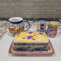 Set of Butter Dish, Salt & Pepper Shakers, and Creamer 