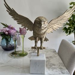 Gold Owl Statue Decor on Marble Base 