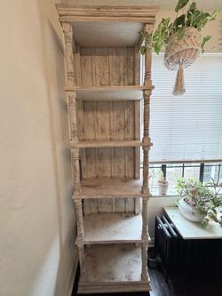 Tall Distressed White Wood Etagere Bookshelf