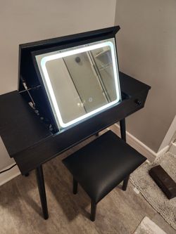 Black Flip-Top Vanity Desk with LED Mirror and Stool