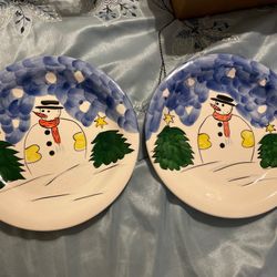 2 Gibson Snowman Dinner Plates 10.5”