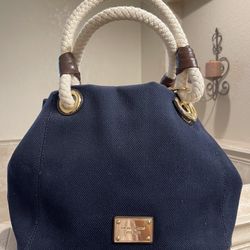 MICHAEL KORS Navy Blue Canvas Large Handbag Rope Handles Gold Details