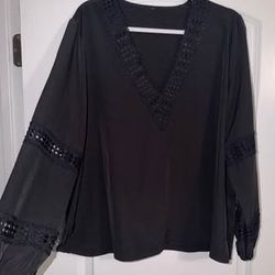 Black V-Neck Top with Detailed Lace Trim - Size XL