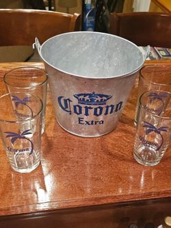Corona metal bucket and 4 glasses