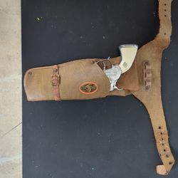 Vintage Metal Toy Cap gun And Leather Holdster