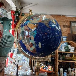 Globe Gemstone World Map Blue Lapis on Brass Stand 