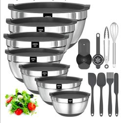 AIKKIL Stainless Steel Mixing Bowl Set with LidsMixing Bowls with Airtight Lids, 20 piece Stainless Steel Metal Nesting Bowls, Non-Slip Silicone Botto