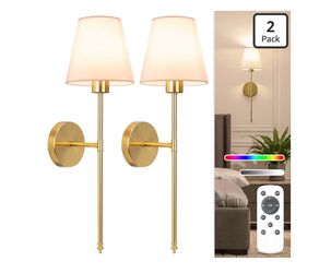 Battery Operated Wall Sconce Set of 2,Gold Rechargeable Wall Lights with 10400mAh Dimmable Bulbs and Remote,10 Colors Wireless Wall Lamps for Bedroom 