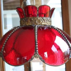 Vintage Ruby Red Glass Scalloped Antiqued Beaded Metal Hanging Swag Lamp 18.5”